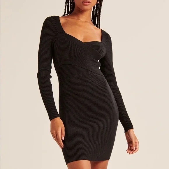 Abercrombie & Fitch Long-Sleeve Wrap-Front Mini Sweater Dress Black - Xxs Petite
